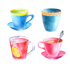 Bright watercolor set of teacups isolated on a white backdrop. Romantic collection of ceramic and glass mugs in blue and red colors