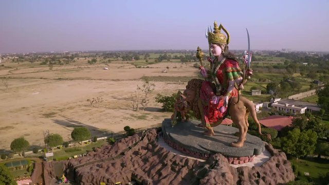 Aerial view on Durga temple statue in Vrindavan, India  4k drone view