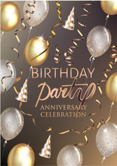 Birthday party shiny banner with air balloons, pary hats and serpentine. Vector illustration