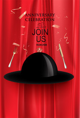 Dinner party poster with dinner luxury dinner objects and red curtains on the background. Vector illustrtion