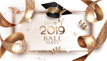 Graduation 2019 banner with golden design elements and ribbon. Vector illustration - obrazy, fototapety, plakaty