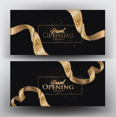 Grand opening banners with golden textured ribbons. Vector illustration