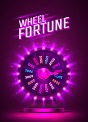 Casino neon colorful fortune wheel. purple background.