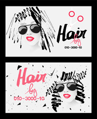 Hair stylist business cards with the head of a young woman with doodle hair. Vector illustration