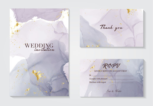 Modern wedding invitation alcohol ink design. Vector set on watercolor ink splash ink violet grey colors. Purple acrylic marble liquid design with gold foil 