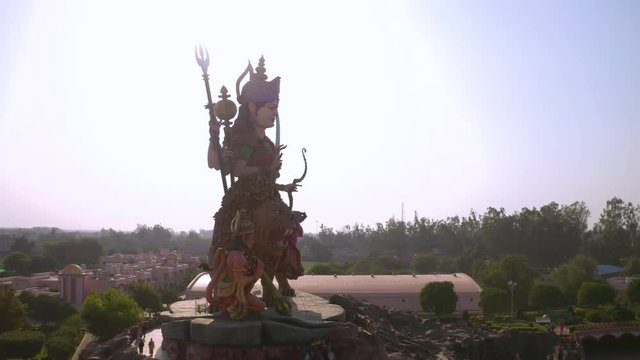 Aerial view on Durga temple statue in Vrindavan, India  4k drone view