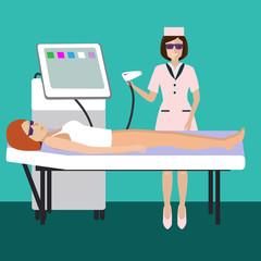 Flat modern illustration for laser hair removal, cosmetology, medicine on white background. The girl on the couch in the spa salon.