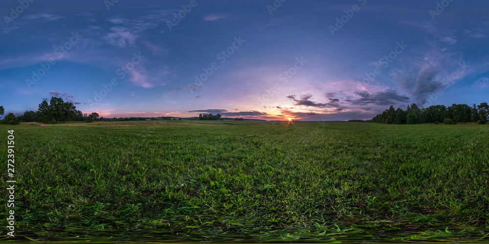 Wall mural full seamless spherical hdri panorama 360 degrees angle view among fields in summer evening sunset w