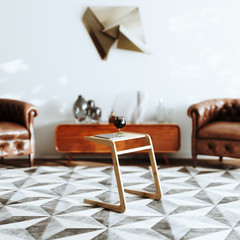 White Scandinavian interior with vintage armchair and wooden minimalistic coffee table 3d render