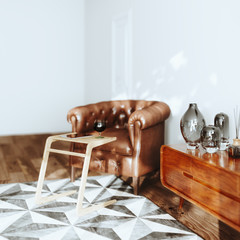 White Scandinavian interior with vintage armchair and wooden minimalistic coffee table 3d render
