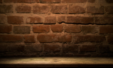 Old wood plank with abstract old brick wall background for product display