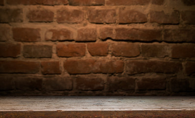 Old wood plank with abstract old brick wall background for product display