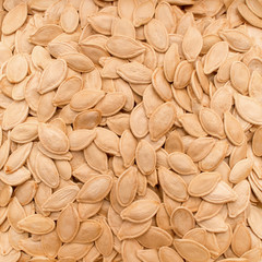 Photo of closeup texture of white pumpkin seeds, background