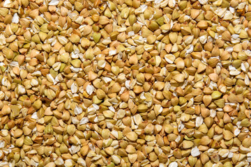 Photo of closeup texture of white buckwheat seeds, background