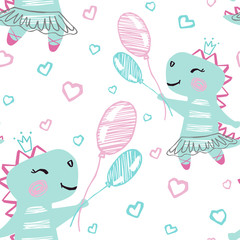 Dinosaur baby girl cute seamless pattern. Sweet dino flying on balloons among clouds. Ballet tutu, pointe. © Vasileva