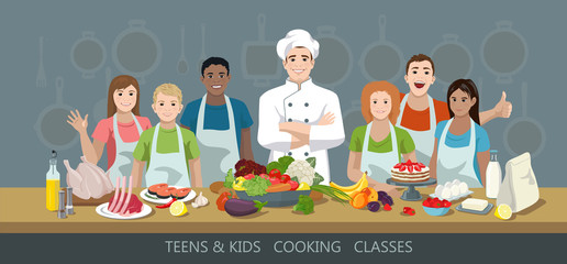 Teens and kids cooking classes concept. Chef and African American, European and Indian children students. Lots of variety of products in the foreground. Cook training courses. Vector illustration.