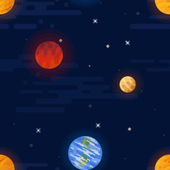 Space print. Seamless vector pattern. Different colored planets of the Solar system and stars.