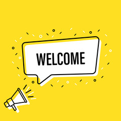 Male hand holding megaphone with welcome speech bubble. Loudspeaker. Banner for business, marketing and advertising. Vector illustration.