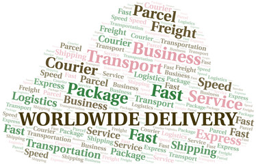 Worldwide Delivery word cloud. Wordcloud made with text only.