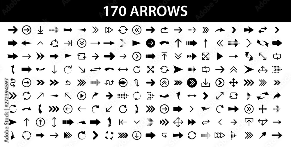 Wall mural arrows set of 170 black icons. arrow icon. arrow vector collection. arrow. cursor. modern simple arr