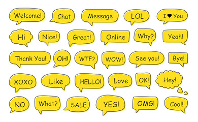 Set of speech bubbles. Yes, thank you, hello, wow, welcome, bye, ok, omg, wow, oh, xoxo, what, like, love, nice, great, cool, sale, lol, hi. Vector illustration.