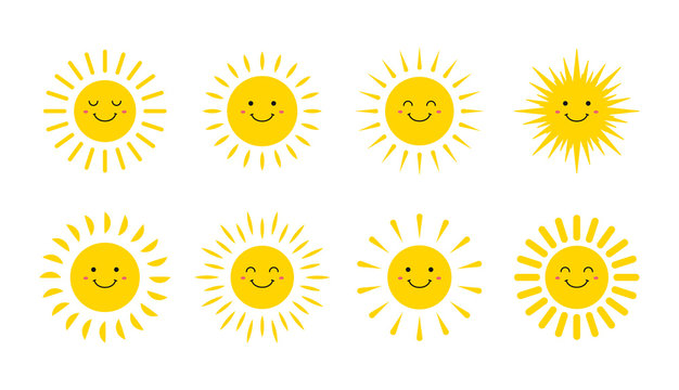 Set of cute smiling suns. Smile Sun. Emoji. Summer sun. Vector illustration.