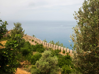 Fototapeta na wymiar Alanya Castle fortress wall ,trees and Mediterranean Sea. Alanya, Antalya, Turkey