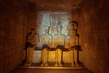 Ptah, Amun-Ra, Ramses and Ra-Horakhty sitting next to each other in the Great Temple of Abu Simbel