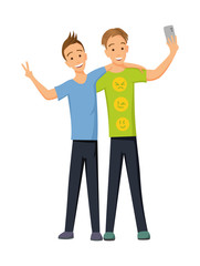 Friends make a group selfie. Photo on the camera of the smartphone. Joyful friends wave their hands. Isolated vector illustration.