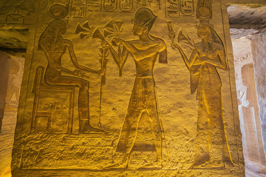 Bas relief with Ramesses II and Hathor, depicted  in the Small Temple of Abu Simbel
