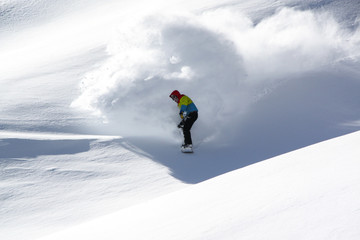 Naklejka na ściany i meble Snowboarder in fine white powder snow