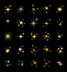 Fototapeta na wymiar Set of different beautiful golden star and spakle shapes vector, collection