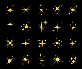 Fototapeta na wymiar Set of different beautiful golden star and spakle shapes vector, collection