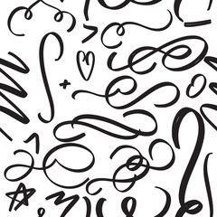 Abstract vector seamless pattern with hand drawn black elements on white background for your design