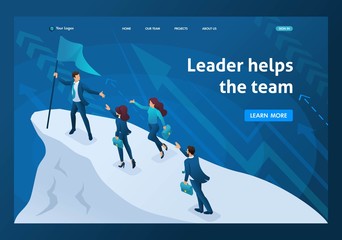 Isometric business concept, a successful leader leads his team to success. Template landing page