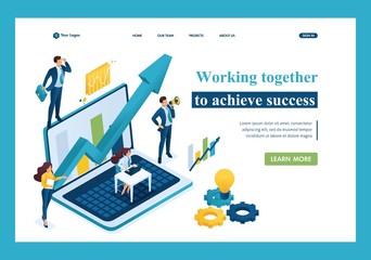 Isometric business concept, working together as a team to achieve success. Template landing page