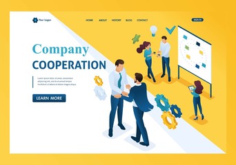 Isometric business Cooperation between companies and employees. Template landing page