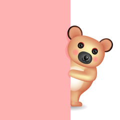 The cute little bear standing behind the pink wall.