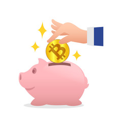 piggy bank and hand holding coin bitcoin gold, saving digital money cryptocurrency bitcoin gold concept, bitcoin coin gold over piggy bank, piggy bank and hand bitcoin holding for saving digital money