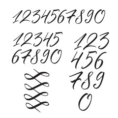 Black hand written calligraphy numbers on white background. Vector numerals 1-10