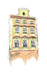 Vector sketch of European building hand drawn illustration on white background
