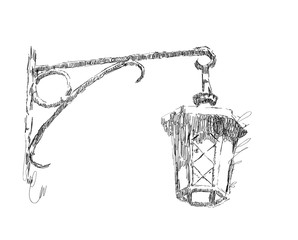 Vector sketch street lamp, lantern on white background, hand drawn illustration