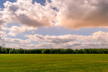 Pink clouds at sunset over a agricultural field