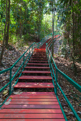 Empty red wooden stairway