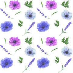 Seamless pattern with watercolor flowers Anemone Illustration of leaf sprigs Floral leaf textures handmade Digital paper Textile Wallpaper