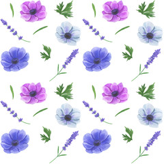 Seamless pattern with watercolor flowers Anemone Illustration of leaf sprigs Floral leaf textures handmade Digital paper Textile Wallpaper