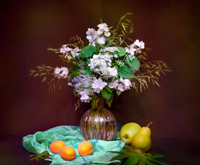 still life, flowers, a bouquet of flowers in a vase with objects