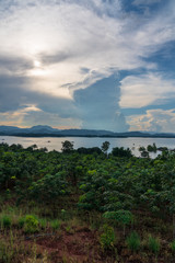 Blue sky high peak mountains fog hills mist scenery national park views at Phu Tub Berk, Khao Koh, Phetchabun Province, Thailand