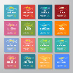 Fresh Fillets Premium Quality Labels Big Set. Abstract Vector Fish Packaging Design Layout. Retro Typography with Borders and Hand Drawn Fish Silhouette Background Collection.
