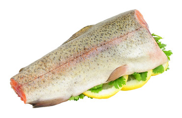 Fresh raw rainbow trout fish with head and tail removed ready for cooking isolated on a white background